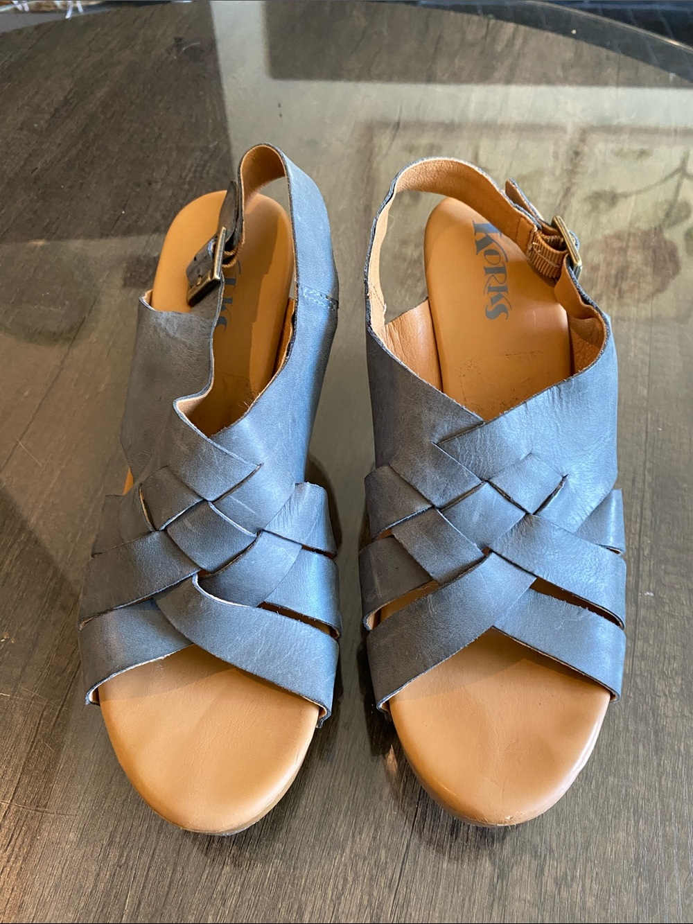 Kork-Ease Gray Woven Leather Slingback Sandals